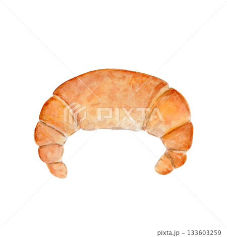 Crescent roll watercolor illustration isolated on white. Ideal for bakery branding, menu design, packaging, recipe layouts, breakfast graphics, artisanal food projects. Crisp baked texture. Warm tones 133603259
