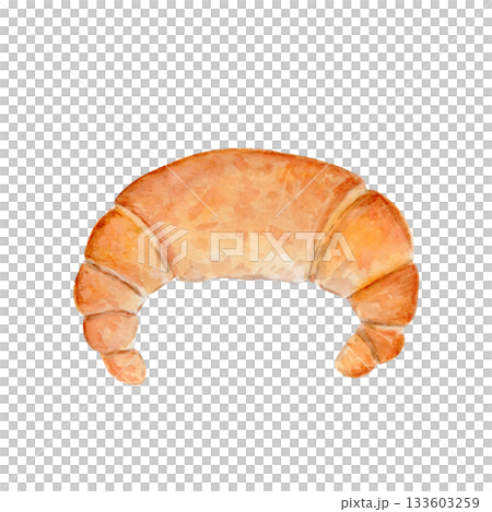 Crescent roll watercolor illustration isolated on white. Ideal for bakery branding, menu design, packaging, recipe layouts, breakfast graphics, artisanal food projects. Crisp baked texture. Warm tones 133603259