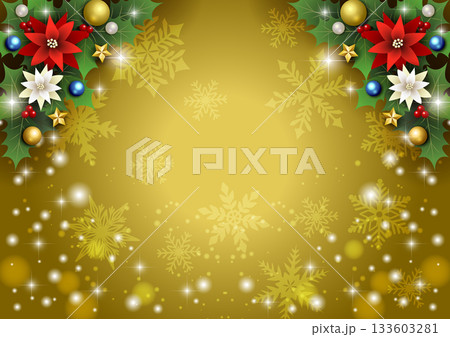 クリスマス背景、下キラキラ雪、金、ポインセチア、上柊、かわいい、イラスト、横 133603281