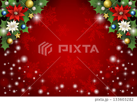 クリスマス背景、下キラキラ雪、赤、ポインセチア、上柊、かわいい、イラスト、横 133603282