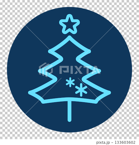 Stylish navy Christmas tree illustration with snowflakes. Round icon. Winter symbol. Light blue line drawing. 133603602