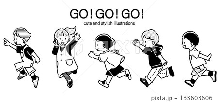 未来に向かって元気に走る子供たち　かわいくてお洒落な線画イラスト 133603606