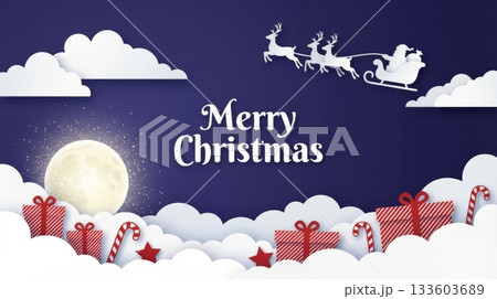 Blue Christmas Banner with Moon, Clouds, and Santa Sleigh 133603689