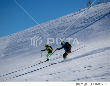 Three skiers carve down a sunny, powder-covered mountain slope, kicking up fresh snow under a clear blue sky, creating a dynamic winter sports action scene Three skiers carve down a sunny, powder-covered mountain slope, kicking up fresh snow under a clear blue sky, creating a dynamic winter sports action scene 133603706