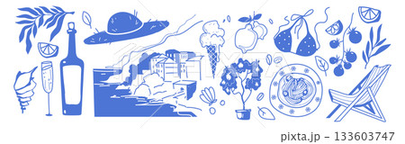 Italian summer doodle set with Amalfi coast sketch 133603747
