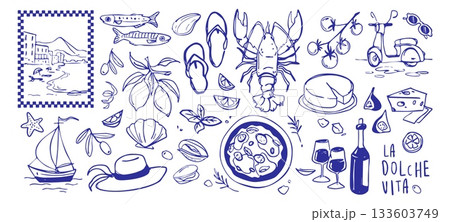 Amalfi coast doodle set in blue ink 133603749