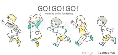 未来に向かって元気に走る子供たち　かわいくてお洒落な線画イラスト 133603750