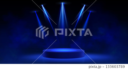 Blue podium stage with spotlight rays Blue podium stage with spotlight rays 133603789