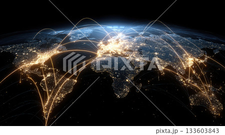 Global connection glowing lines connecting major cities on world map at night 133603843
