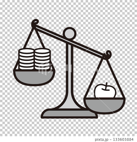 お金と物を比較するてんびんのイラストセット_インフレーション お金と物を比較するてんびんのイラストセット_インフレーション 133603884