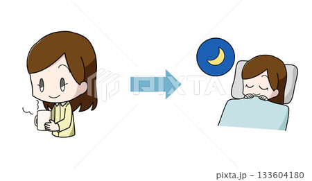 温かい飲み物を飲んでよく眠れた女性のイラスト 温かい飲み物を飲んでよく眠れた女性のイラスト 133604180
