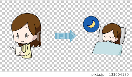 Illustration of a woman who slept well after drinking a hot drink 133604180