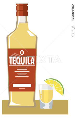ボトルに入ったテキーラとショットグラスのイメージイラスト 133604462