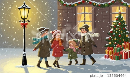 クリスマスの夜、クリスマス、プレゼントを持ってきた子供たち 133604464