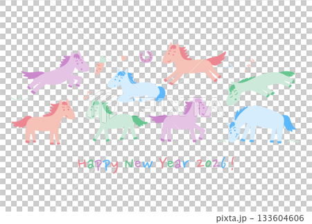 2026 Year of the Horse New Year's Card (Colorful and Cute Horses) 2026 Year of the Horse New Year's Card (Colorful and Cute Horses) 133604606
