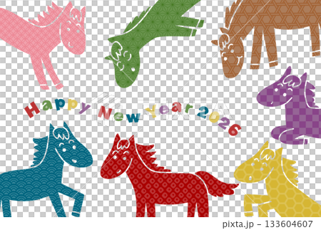 2026年午年の年賀状(カラフルな和柄の馬たち) 2026年午年の年賀状(カラフルな和柄の馬たち) 133604607