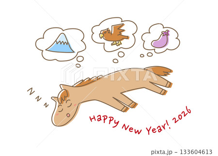 2026年午年の年賀状(初夢を見るゆるかわいい馬) 2026年午年の年賀状(初夢を見るゆるかわいい馬) 133604613