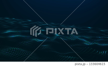 Dynamic digital particle waves with blue and green glowing motion on a dark surface. Futuristic technology landscape inspired by data flow, network signals and modern abstract communication design. Dynamic digital particle waves with blue and green glowing motion on a dark surface. Futuristic technology landscape inspired by data flow, network signals and modern abstract communication design. 133604615