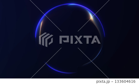 Minimal glowing orb with blue and yellow soft gradient light on a dark background. Smooth elegant circular form creating clean modern abstract style and futuristic digital mood. 133604616