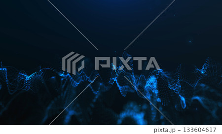 Shiny blue particle waves form a futuristic digital frequency surface. Abstract data and audio visualization moving in dark space, representing modern tech and sci-fi signal aesthetics. Shiny blue particle waves form a futuristic digital frequency surface. Abstract data and audio visualization moving in dark space, representing modern tech and sci-fi signal aesthetics. 133604617