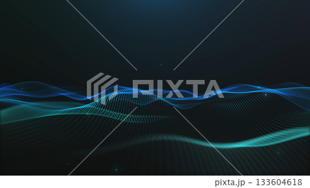 Smooth flowing digital waves with neon blue and teal gradients on dark background. Elegant minimal technology motion aesthetic for modern futuristic abstract design concepts. 133604618