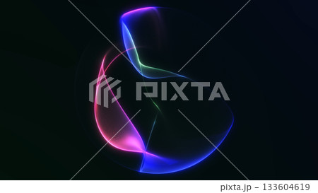 Neon glowing orb with vibrant purple and green gradient shapes floating in dark space. Futuristic abstract design with smooth fluid light creating modern technology visual aesthetic. Neon glowing orb with vibrant purple and green gradient shapes floating in dark space. Futuristic abstract design with smooth fluid light creating modern technology visual aesthetic. 133604619