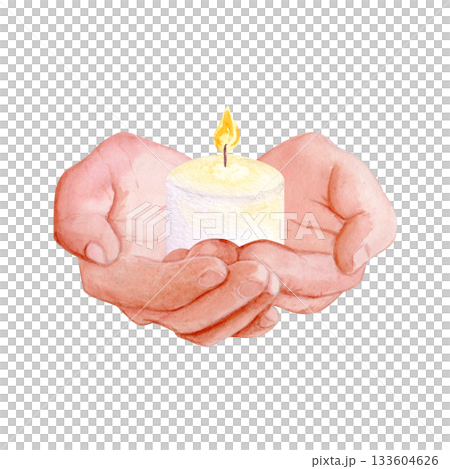 Hands holding a small lit candle, watercolor illustration isolated on white. Ideal for remembrance cards, spiritual themes, charity projects, mindfulness visuals. Symbolizing memory, hope and comfort Hands holding a small lit candle, watercolor illustration isolated on white. Ideal for remembrance cards, spiritual themes, charity projects, mindfulness visuals. Symbolizing memory, hope and comfort 133604626