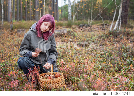 Girl foraging wild mushrooms in autumn forest Girl foraging wild mushrooms in autumn forest 133604746