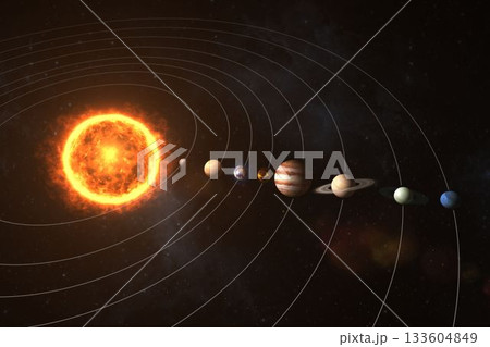 Digitally generated image of planets revolving around sun 133604849