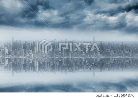 Room with large window looking on city 133604876
