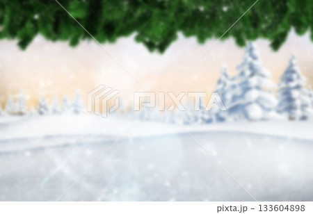 Frozen pond is being shown in flat design clearing, with snow-laden fir and drifting snowflakes 133604898