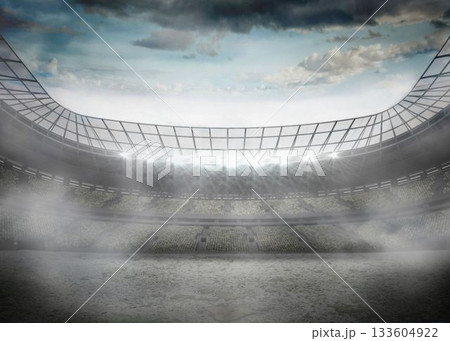 Flat design stadium is showing field with tiered seating under floodlights through cloudy sky 133604922