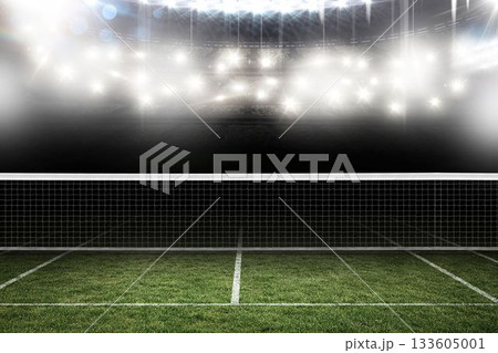 Digitally generated image of tennis court and spotlight Digitally generated image of tennis court and spotlight 133605001