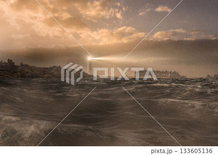 Stormy sea with lighthouse 133605136