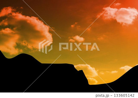 Silhouette of dunes is being shown in flat design desert featuring gradient sky and fluffy clouds Silhouette of dunes is being shown in flat design desert featuring gradient sky and fluffy clouds 133605142