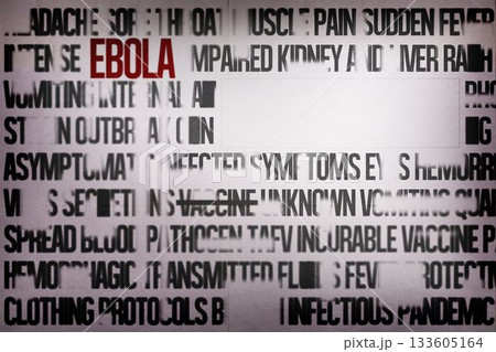 Flat poster featuring gray background, showing red EBOLA among black rows, hiding under white block 133605164