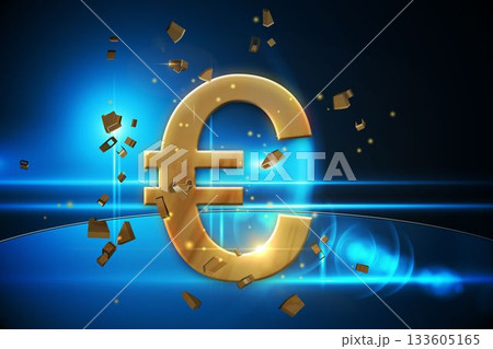 Gold Euro symbol is disintegrating in 3D blue backdrop with floating particles and flaring streaks 133605165