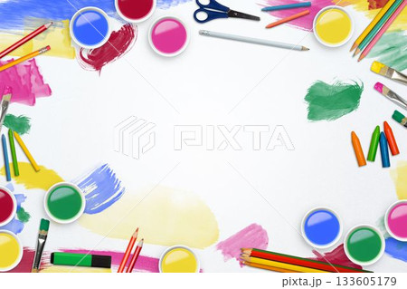 Flat design blank sheet is sitting on desk surrounded by bright paint jars, brushes, copy space Flat design blank sheet is sitting on desk surrounded by bright paint jars, brushes, copy space 133605179