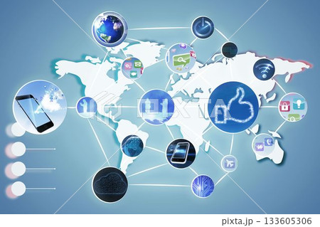 Flat network graphic is showing world map connecting smartphone globe icons on light blue gradient 133605306