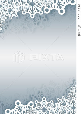 White snow flake frame on silver 133605348