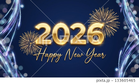 Gold Fireworks 2026 on Solid Background 133605465
