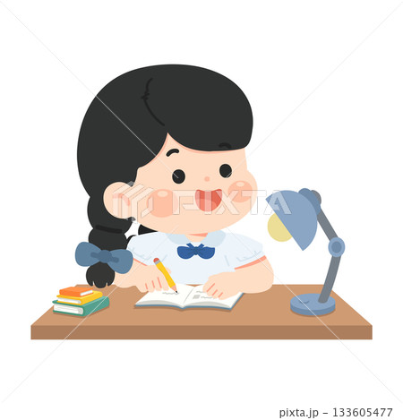 Illustration of a Girl Studying at a Desk 133605477