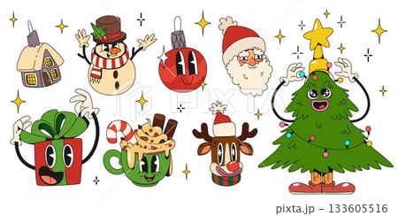 Retro groovy Christmas cartoon sticker set Retro groovy Christmas cartoon sticker set 133605516
