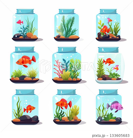 Nine Colorful Cartoon Fish Bowls with Aquatic Plants and Fish, Fresh Water Aquarium 133605683