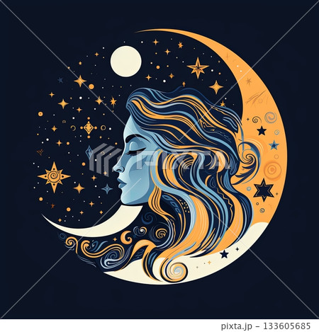 Celestial Dreamscape Woman s Profile with Moon, Stars, and Dreamy Hair Illustration 133605685