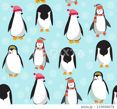 pattern with cute penguins and snowflakes on  blue background. 133606078