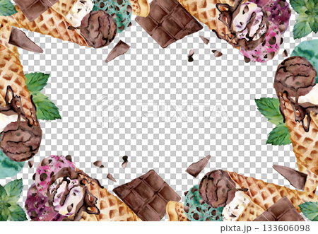Mint leaves and berry gelato scoops with chocolate chips shavings in waffle cones. Isolated border frame illustration hand drawn in watercolor. Dessert-themed label, summer party flyer, cafe branding. 133606098