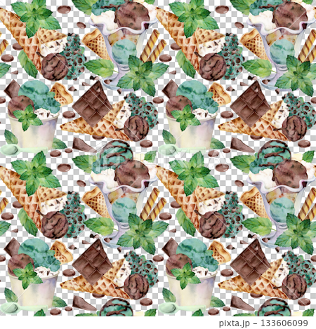 Chocolate chip mint ice cream in paper cup, sundae bowl, waffle cone. Waffles and flakes. Isolated seamless pattern illustration hand drawn in watercolor. Sweet food blog background, packaging detail 133606099