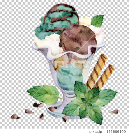 Chocolate chip gelato and waffle sticks combo, mint leaves and cocoa syrup drizzle in sundae glass bowl. Isolated illustration hand drawn in watercolor. Foodie art, cafe branding, frozen treat signage 133606100