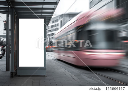 Modern bus stop banner mockup with single-color base and blurred tram motion 133606167